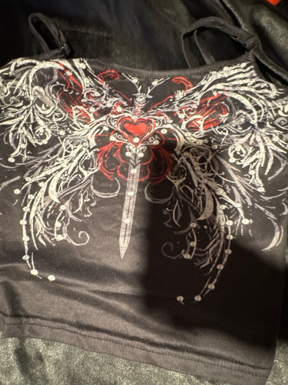 ROMWE Black Tank Top with Red Heart & Silver Sword Graphic